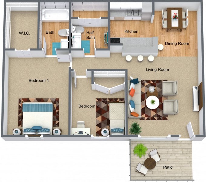 Floor plan for 2 beds, 1.5 baths, 936 sqft